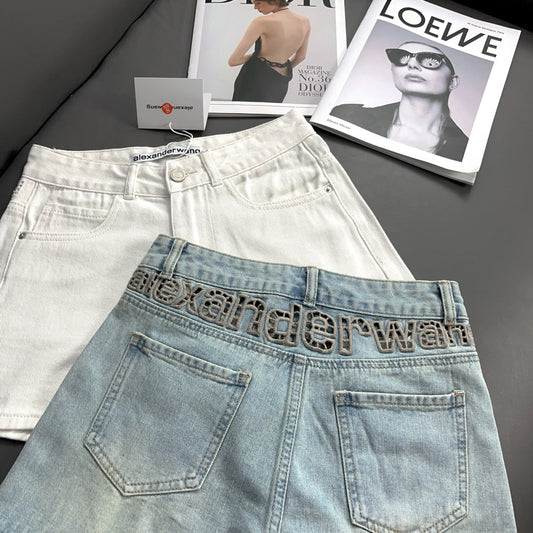 0528 Denim shorts with cutout letters