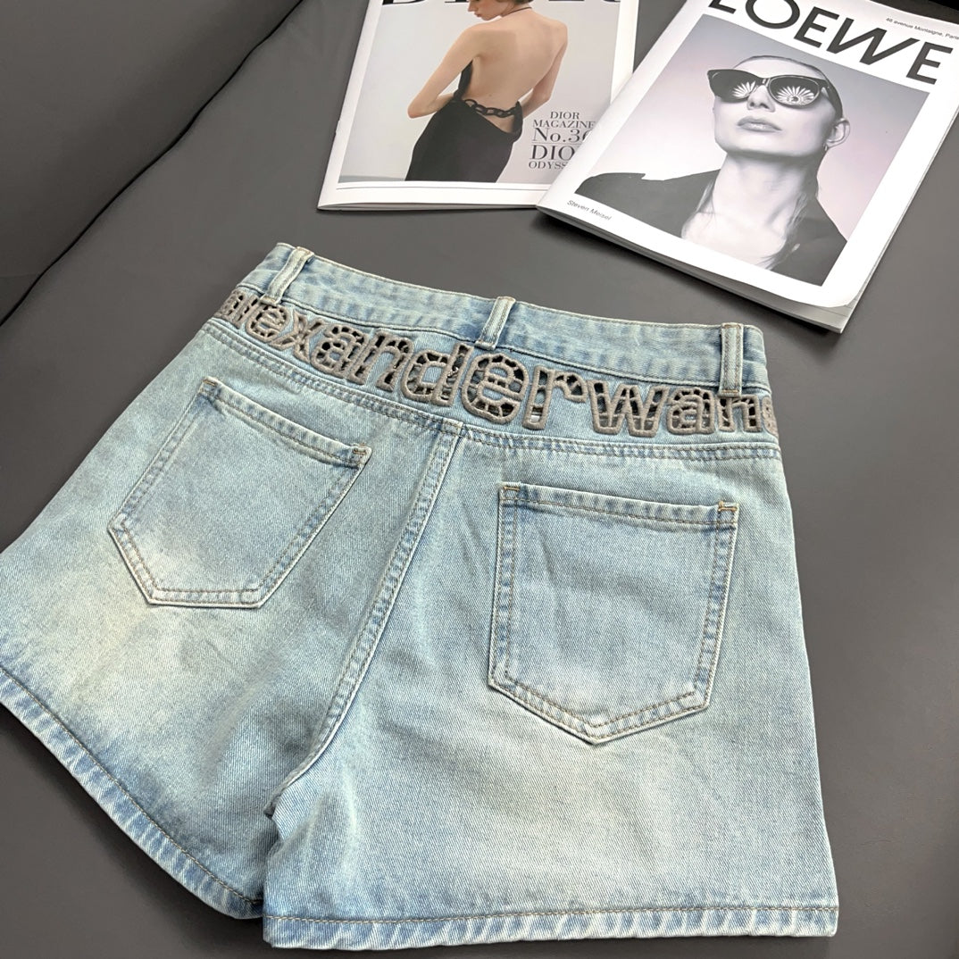 0528 Denim shorts with cutout letters