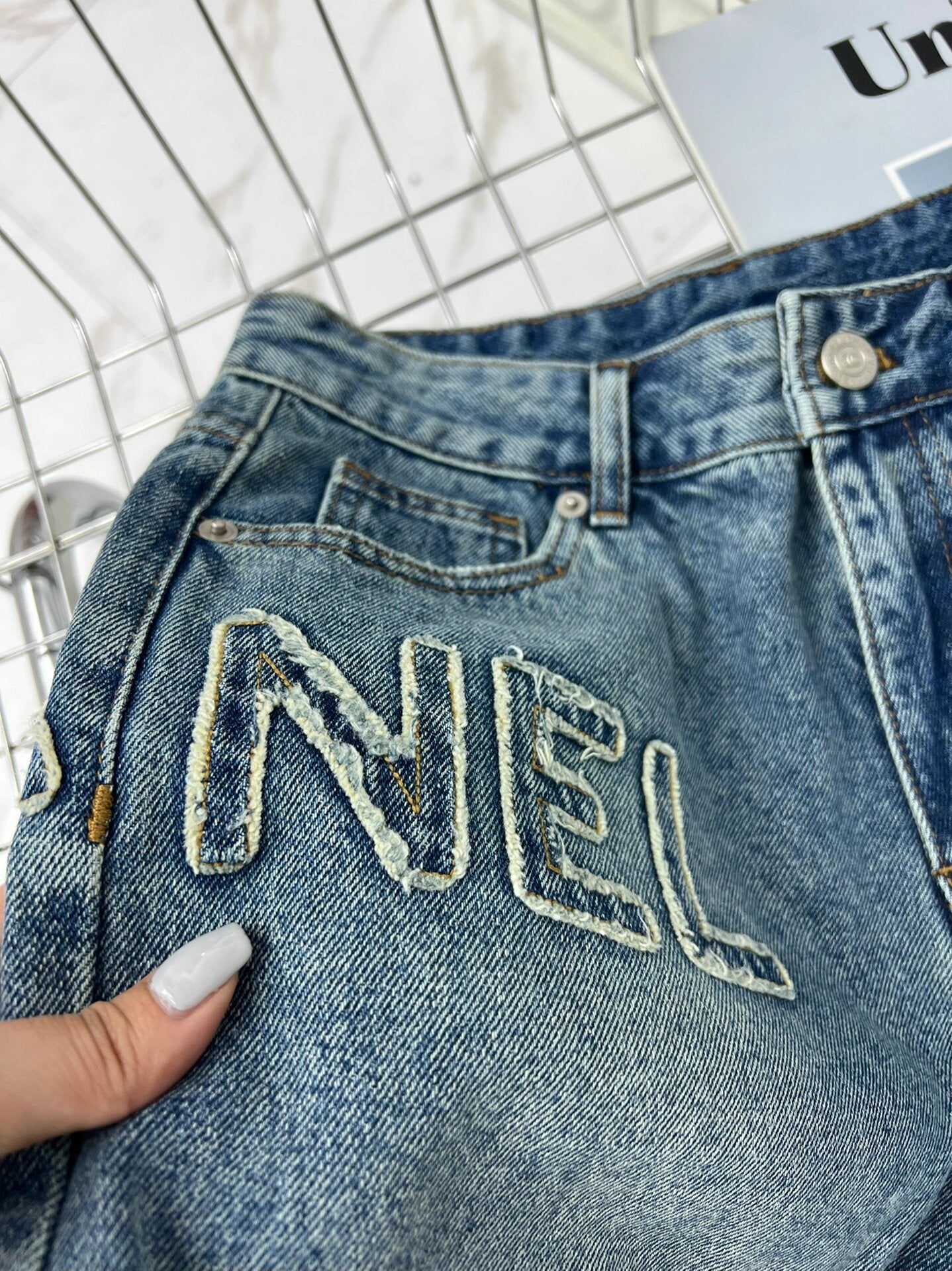 0528 letter embroidered denim shorts