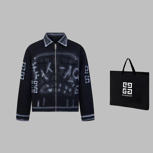 1014 High quality picture shot graffiti dark denim jacket