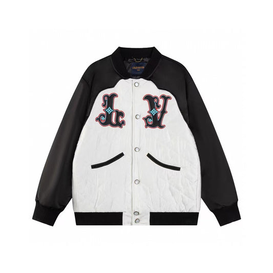 Black and white patchwork embroidered baseball jacket