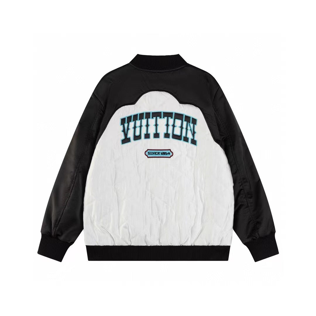 Black and white patchwork embroidered baseball jacket